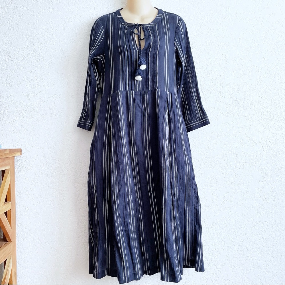 Sea Navy Blue Striped Cotton Midi Bohemian Dress Size 0 Small Tassel Mid-Sleeve